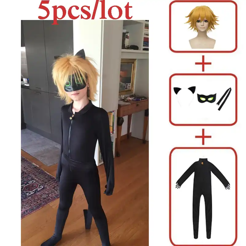 New Black Cat Noir Cosplay Costumes Anime Ladybug Jumpsuit Wig For