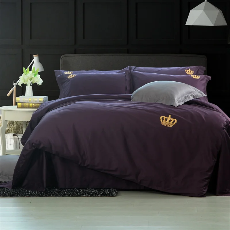 

European style Queen/King Size Bedding Sets Egyptian Cotton Bedlinens Pure embroidery crown Duvet Cover+Flat Sheet+Pillow Cases