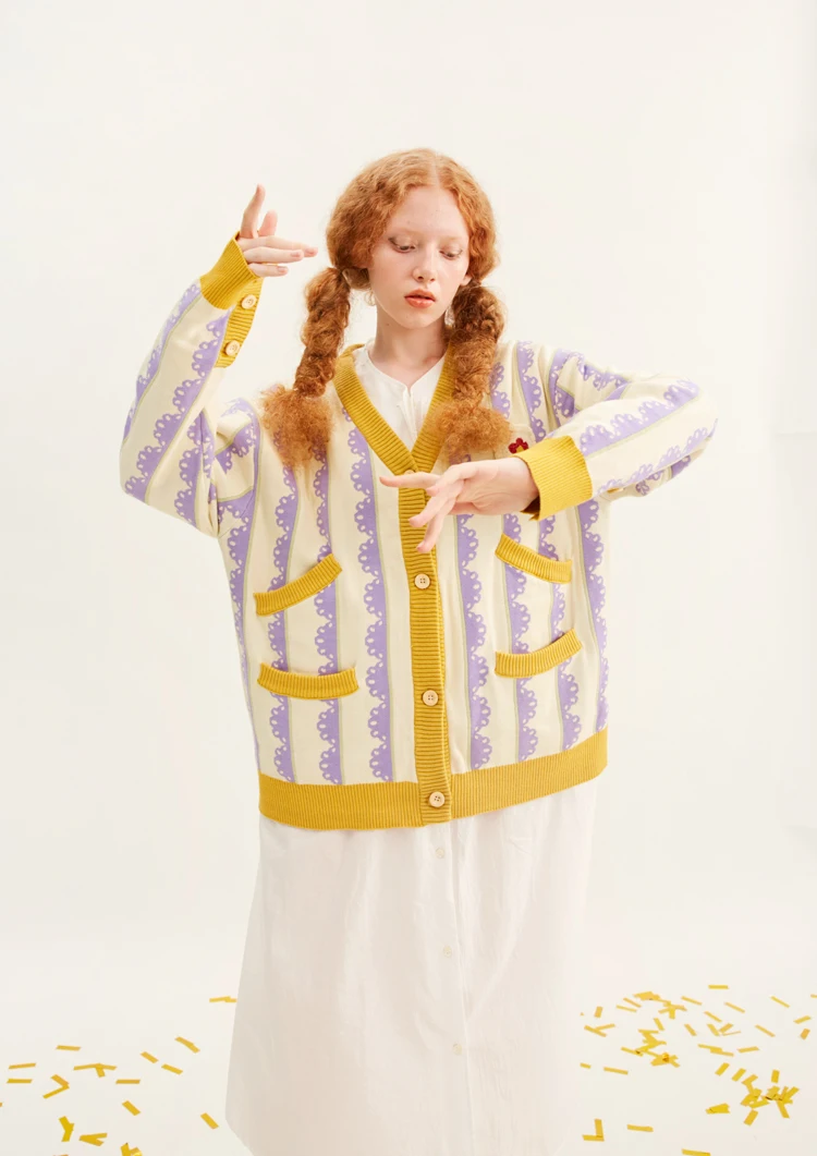 Bebobsons дизайн для женщин Зимний толстый вязаный кардиган пальто фиолетовый желтый волшебный цвет кружева V образным вырезом с длинным рукавом Femme свитер джемпер