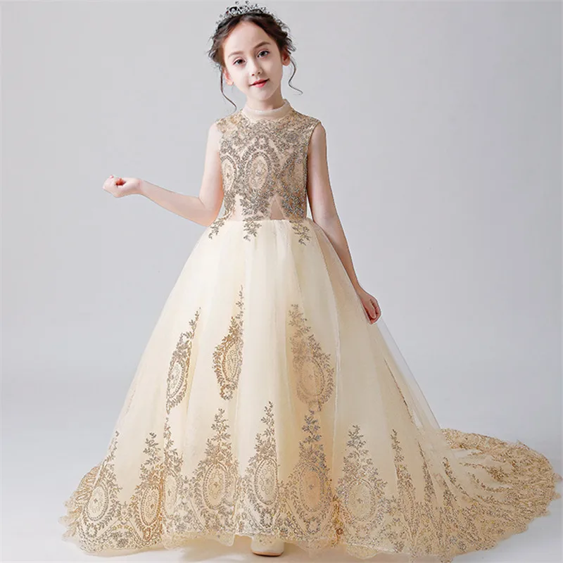 Champagne Flower Girl Dresses with Sash Lace Appliques Custom Made Ball Gown First Communion Dresses for Girls Elegant Hot Sale