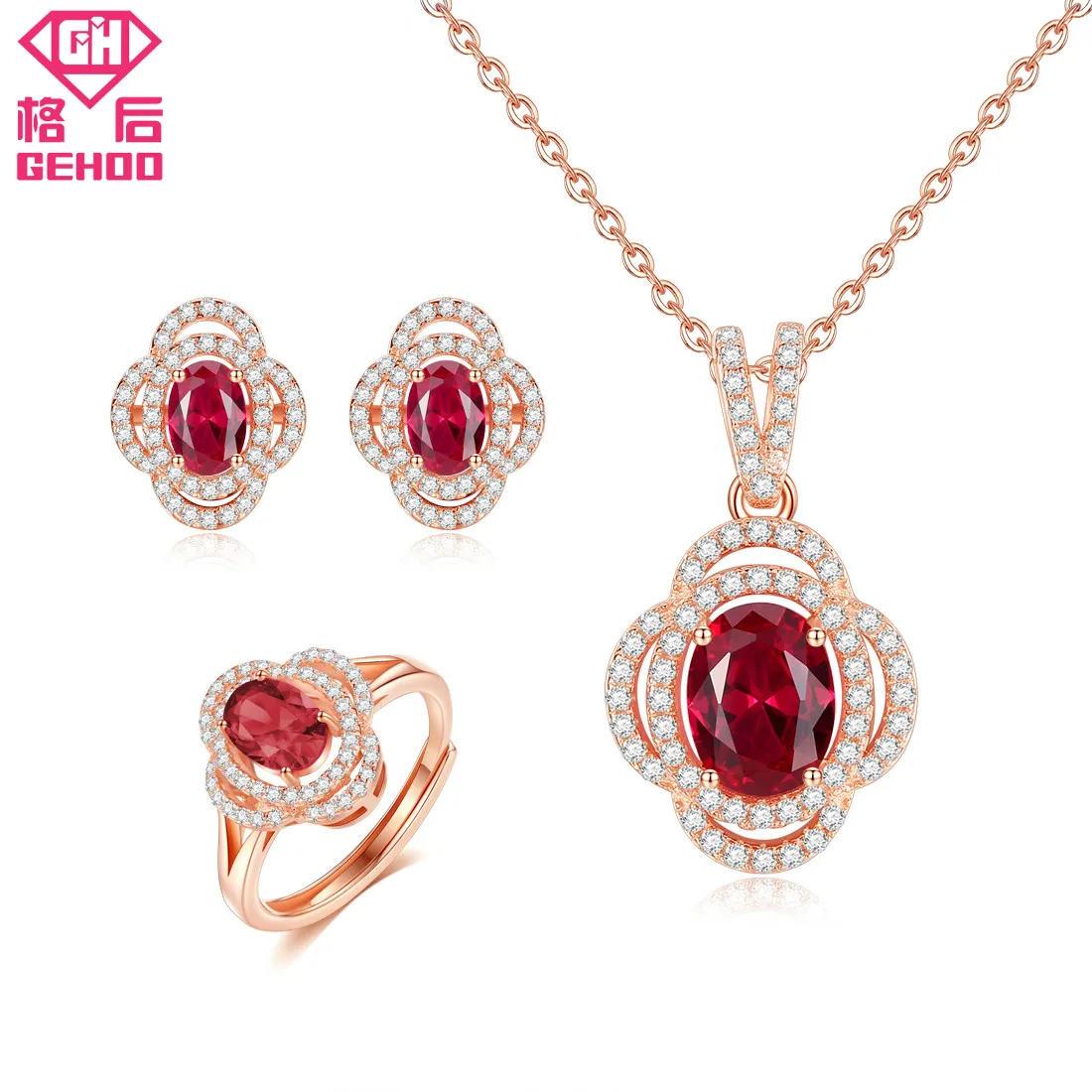 

GEHOO Women 925 Sterling Silver Fine Jewelry Sets Pretty Red Ruby Paved Zircons Charm Pendant Necklace & Stud Earrings & Ring