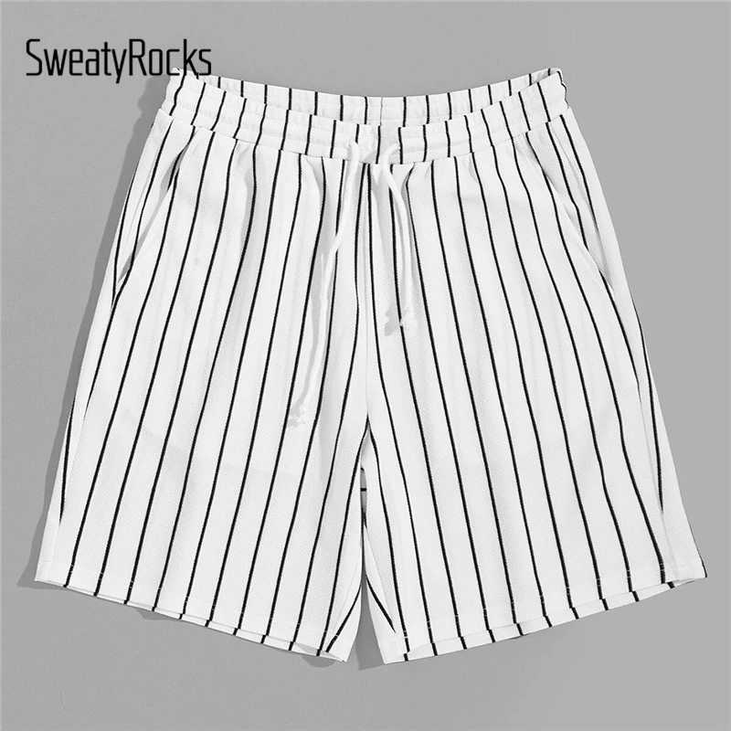 SweatyRocks Для мужчин кулиска на талии текстурированная шорты в полоску карман белый короткое лето 2019 Athleisure повседневные мужские шорты