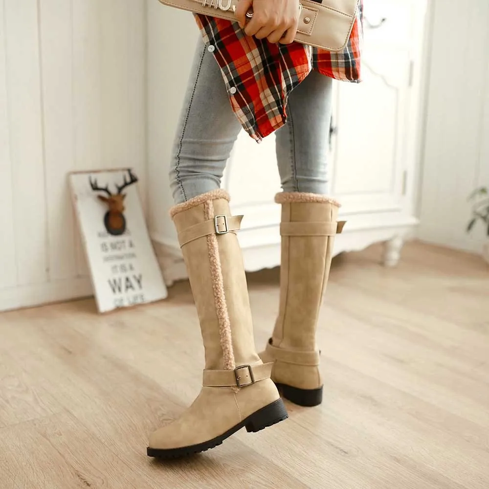 Motorcycle Boots Suede For Women Winter Boot Long Tube Stylish Mid Heels Warm Fur Knee-High Shoes Buckle Strap Riding Botas