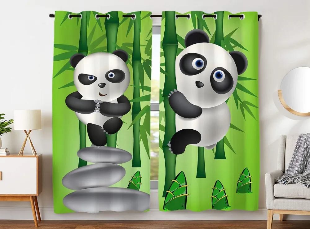 

HommomH Curtains (2 Panel) Grommet Top Darkening Blackout Room Funny Panda Kungfu Bamboo Cobblestone Green