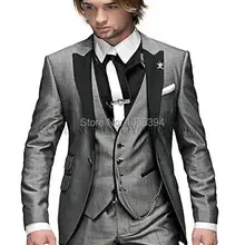 Индивидуальный заказ тонкий жакет, на одной пуговице, серый жениха смокинг с лацканами с острыми углами Лучший мужской костюм жениха Для мужчин; Нарядные Костюмы для свадьбы(пиджак+ брюки+ жилет+ галстук-бабочка