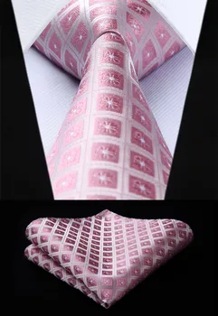 

TC715K8S Pink Check & Plaid 3.4" Silk Tie set party wedding pocket square Woven Men Tie Necktie Handkerchief Set