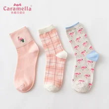 Caramella/3 пар/лот новинка, Хлопковые женские носки розовые милые короткие носки с изображением фламинго Повседневные носки с вышивкой животных для девочек 35-40