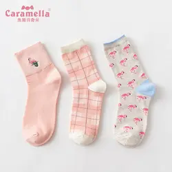 Caramella/3 пар/лот новинка, Хлопковые женские носки розовые милые короткие носки с изображением фламинго Повседневные носки с вышивкой