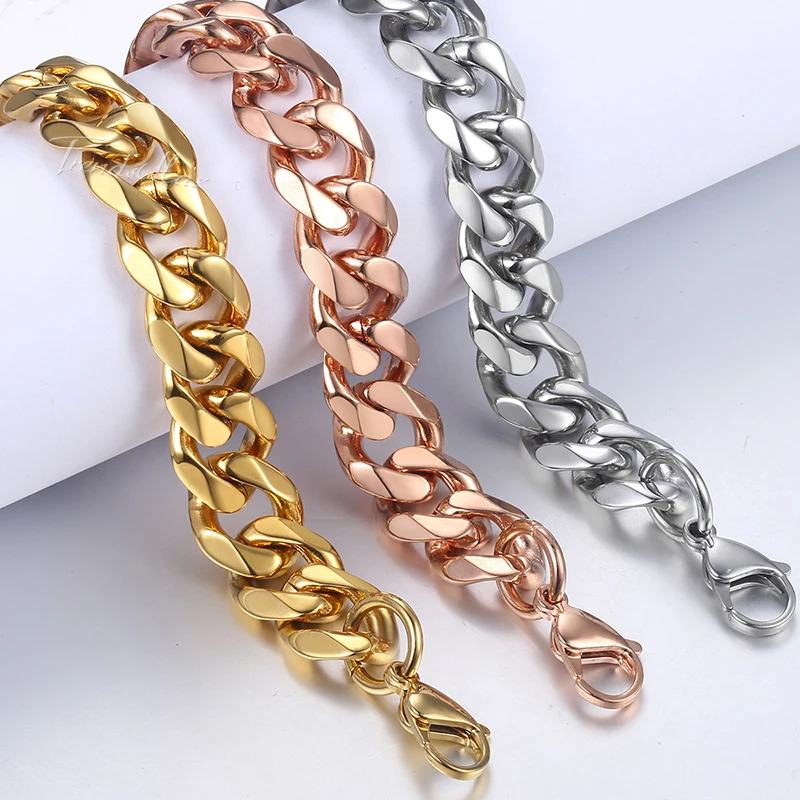 Bracelets For Men Rose Gold Silver Color Curb Cuban Link Chain