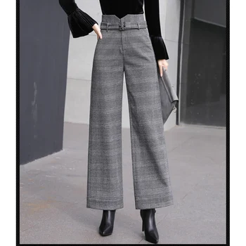 

Women Graceful Style High Waist Houndstooth Plaid Full Length Pants With Belt Office Lady Zipper Flare Plus Size Pants FS0732
