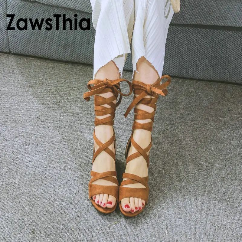

ZawsThia 2019 summer woman shoes open toe square med heels sexy bandage cross-tied ankle cross strap woman gladiator sandals