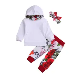 Puseky для новорожденных для маленьких девочек Спортивная одежда с капюшоном свитшоты цветочные брюки бант повязка на голову 3 шт. комплект