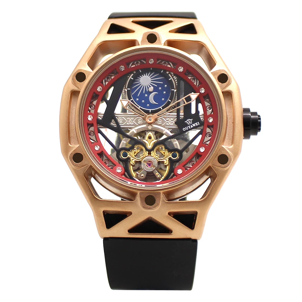 OUYAWEI الرجال التلقائي الميكانيكية ووتش العلامة التجارية الفاخرة توربيون ساعة اليد الذكور ساعة AM/PM القمر المرحلة وظيفة Relojes هومبر