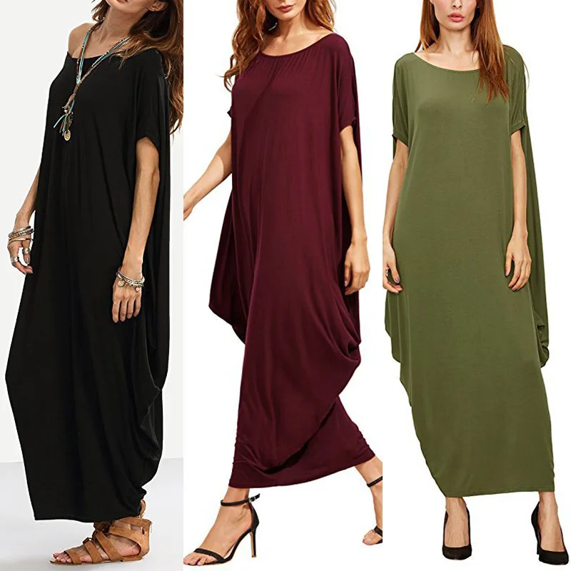 Summer Womens Solid Loose Maxi Dress Ladies Crew Neck Casual Party Long Dress