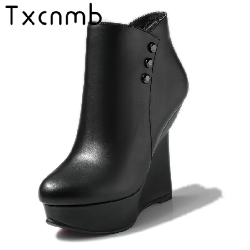 

TXCNMB 2019 Autumn/winter New Fashion Shoes Side Zipper Handmade Genuine Leather Boots Round Toe Platform Heel Boots Women