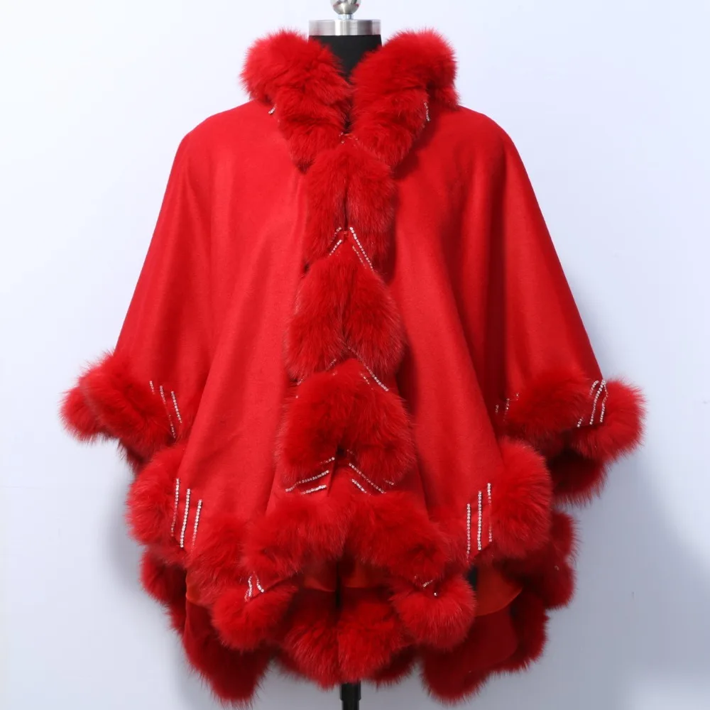 Новая, Прямая, кашемировая накидка с настоящим бренд Fox Fur Trim, длина 90 см с кристаллами и капюшоном