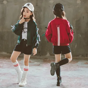 

Girls Clothes 6-14 Years Long Sleeve Hoodless Short Zipper Coats Fashion Bows Decor Sleeve Spring Autumn Outdoor Girls Jackets