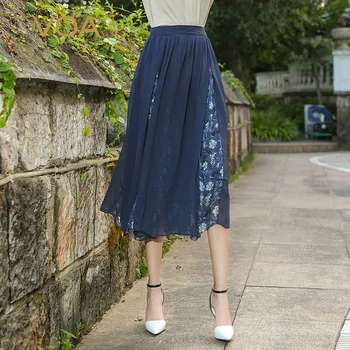 

VOA silk georgette patchwork skirt europe thin stitching new Pleated ankle length skirts C339