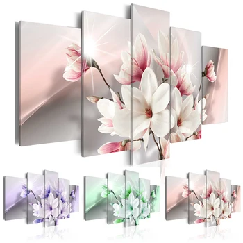 

5PCS/Set Purple Green Pink Magnolia Flower Art Print Frameless Canvas Painting Wall Picture Home,Choose Color And Size NO Frame