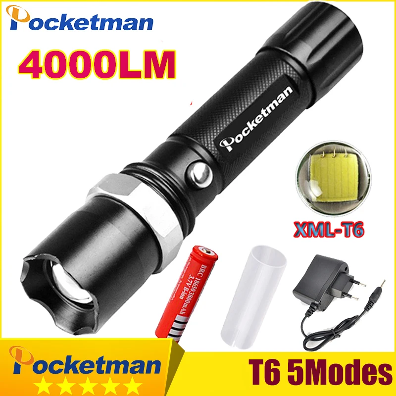

2018 XM-L T6 LED Flashlight 18650 zoom torch light waterproof flashlights 4000LM 5mode led light For AAA or Battery z50