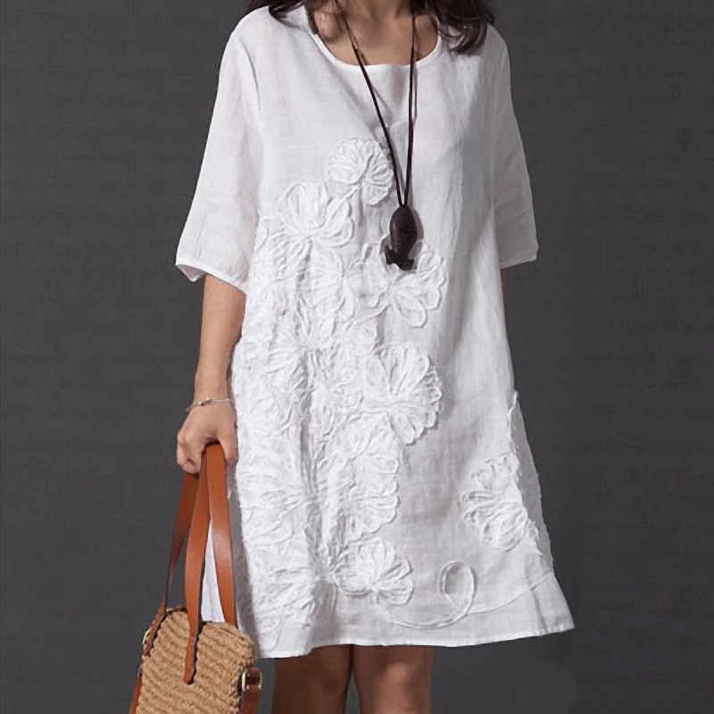 

Women's A-Line Embroidery Mid Dress O-neck Loose Plus Size 5XL Solid Dresses For Women 2019 Summer Female Casual Clothes