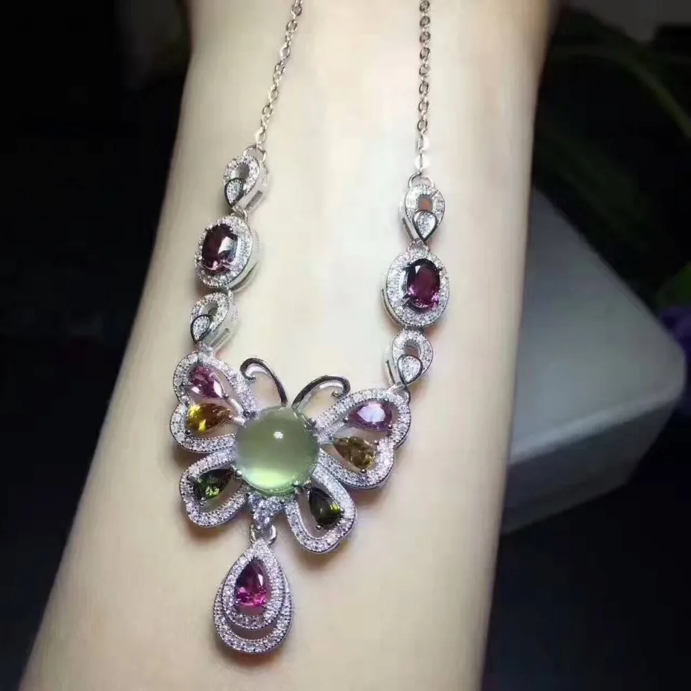  Collier pendentif tourmaline multicolore naturel S925 argent naturel vert collier de luxe bijoux de