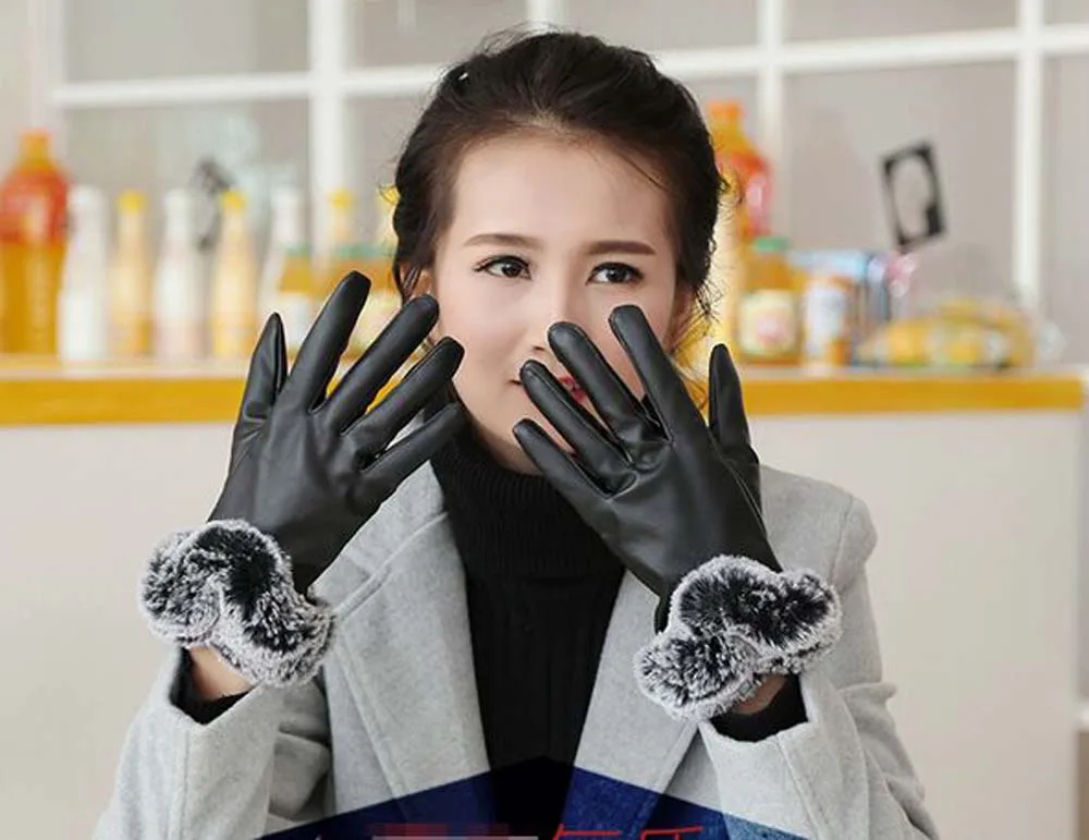 XEONGKVI модные элегантные женские перчатки из искусственной кожи Варежки из искусственного кролика Зимние теплые сенсорный экран женские