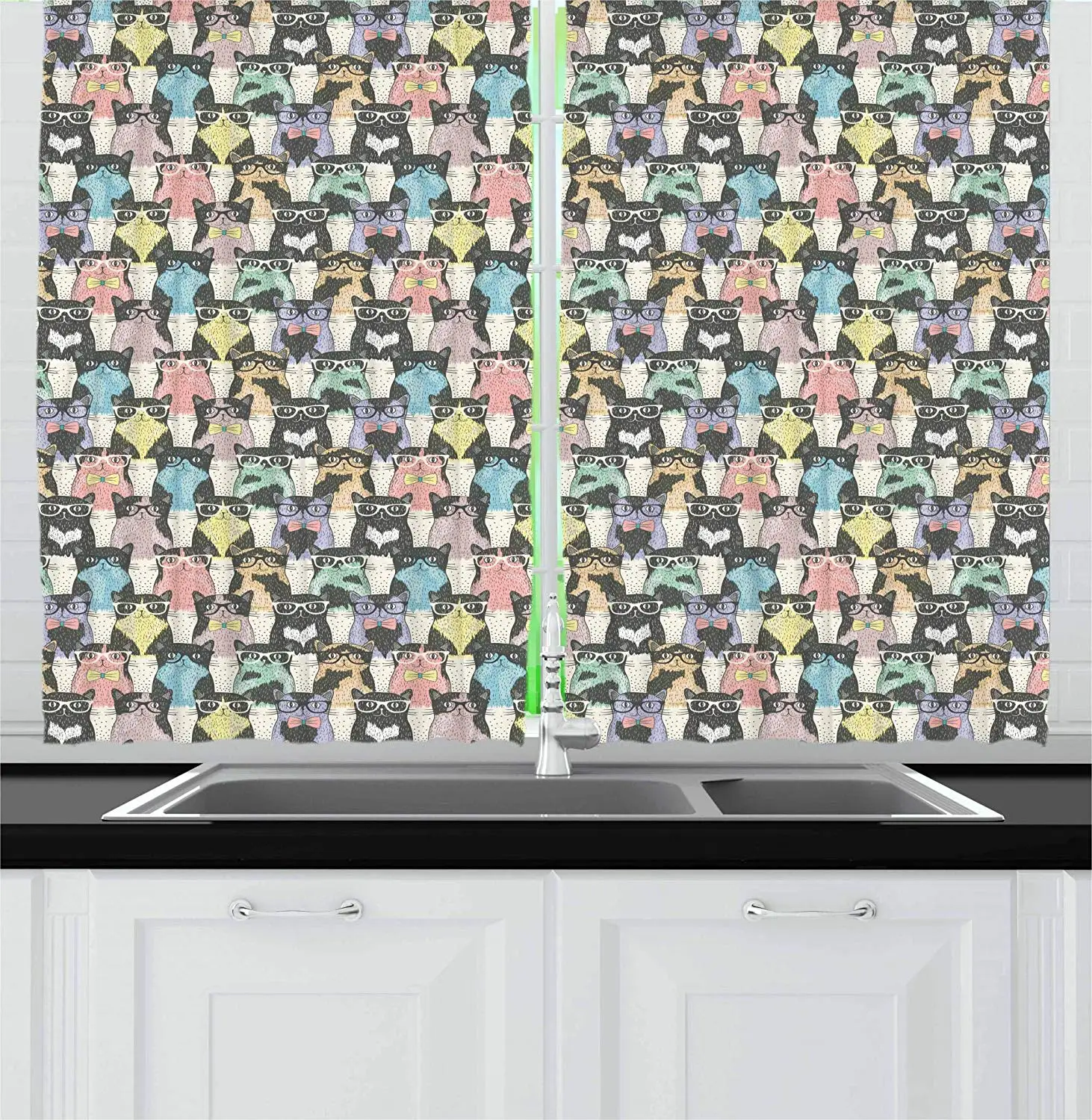 

Cat Curtains Retro Style Pattern with Cute Cats Hipster Sunglasses Bow Ties Hand Drawn Style Vintage Window Drapes for Bedroom