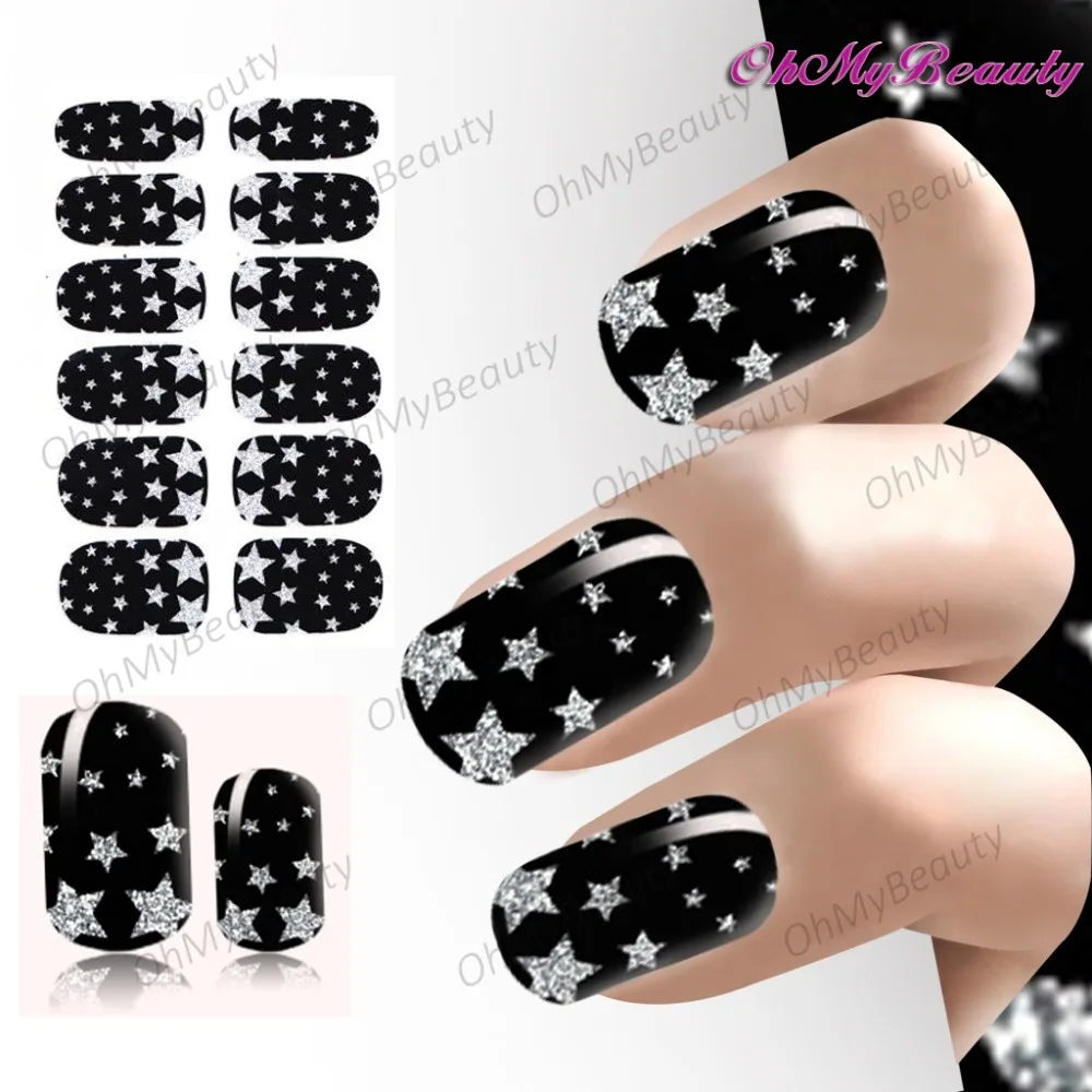 2 sheet Black Beauty Glitter Self Adhesive Nail Sticker Bling Star Full Cover Nails Polish