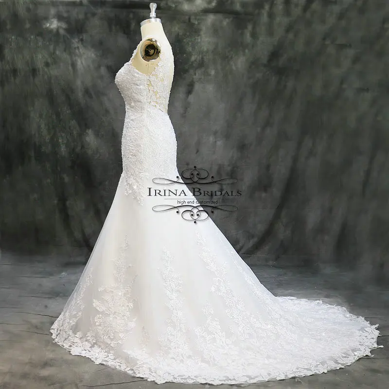 Свадебное платье с кружевной аппликацией Irina Bridals прозрачное рукавами крылышками