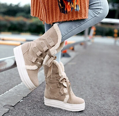 

Women Winter Increasing Height Chunky Lace-Up Nubuck Leather Platform Fashion Ankle Boots Mid Half Boots Plus Size 34-43 SXQ0818