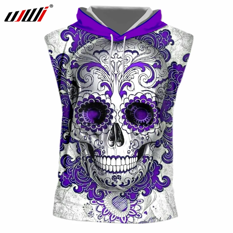 

UJWI White Cap tank top Men Cool Print Purple Skull Sleeveless Hooded vest Man Hip Hop Sportwears Sleeveless Hoodies Hoody 7xl