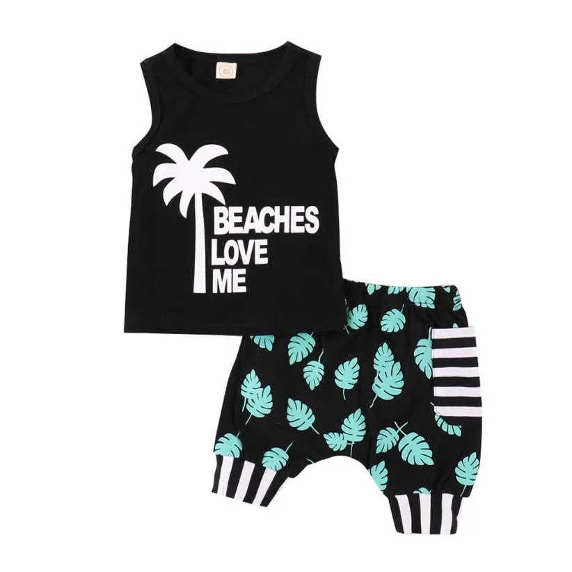 

Summer Toddler Boy Clothes Infant Children Clothing Set Cartoon Tropical Palm Tree Letter Print Summer Tops+Shorts Boy Beachwear