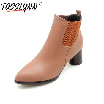 

TASSLYNN 2018 Women Boots Casual PU Pointed Toe Chelsea Boots Women Square High Heels Elastic Winter Woman Shoes Size 34-43