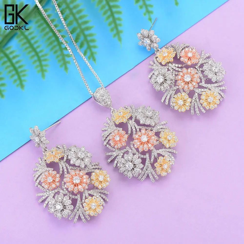 

GODKI Luxury Flower Necklace Earring Sets Cubic Zircon Crystal CZ jewelry Sets for women Wedding Indian Bridal Jewelry Sets 2018