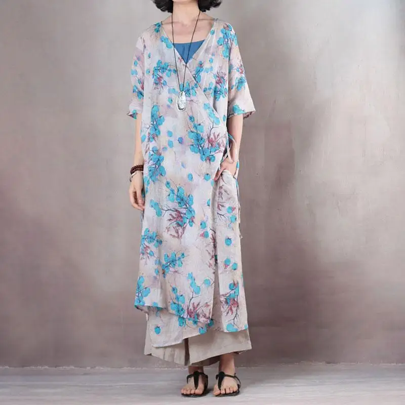 Summer Women Dress 2019 Vintage Short Sleeve Casual Floral Print Vestidos Female with Pockets Buykud Brand (2)