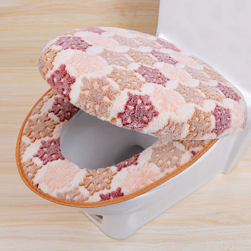 Cotton Linter Toilet Seat Cover Snowflake Pattern Warm 2 Pcs Toilet