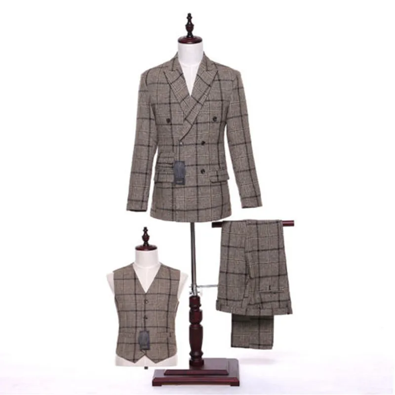 4-1 139.99   Khak Plaid Men Slim Fit Wedding Suits Groom Tuxedos Groomsmen Formal Suit Lapel (jacket + pants + vest) custom made_