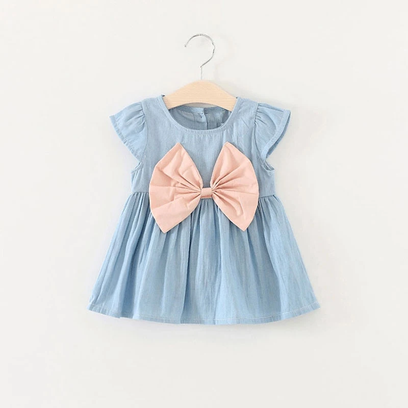 

2019 Summer Toddler Baby Girls Bowknot Child Blue Dress big bow jeans Solid Denim Clothes Pink White Dress vestidos cheap sale