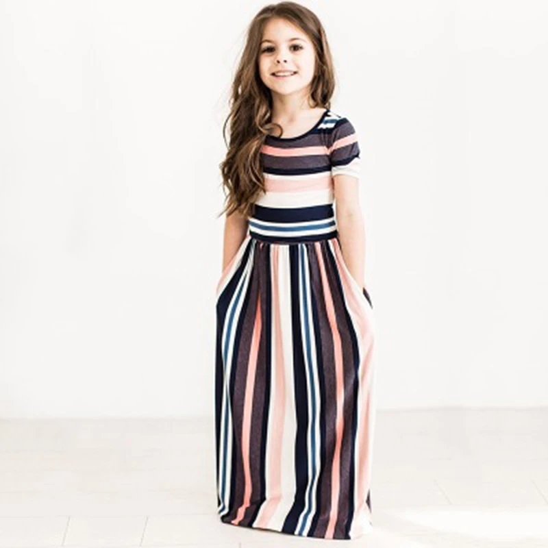 

Fashion Cute Baby Kid Girls Dress Hit Color Striped Dress Children Beachwear Dress Casual Long Dress Child 2-8T
