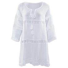 VESTLINDA Summer Boho Women White Mini T Shirt Dress Ladies Elegant Hollow Lace Bohemian Beach Short Dress Casual Party Dresses
