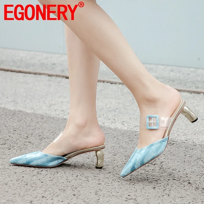 

EGONERY woman shoes 2019 summer new fashion sexy pointed toe handmade genuine leather woman slippers outdoor high heels shoes