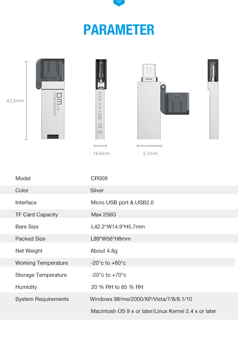 DM CR009 OTG картридер Micro SD/TF Multi чтения карт памяти для Andriods смартфонов с Micro USB интерфейс