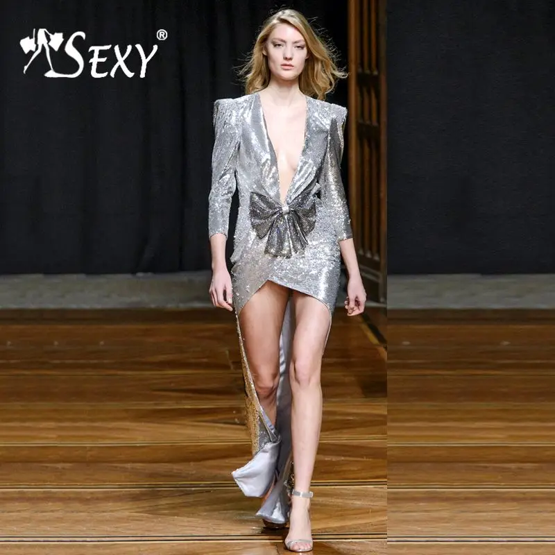 

Gosexy 2019 New Women Sexy Silver Sequins Robes Long Sleeve Bow Floor-Length Long Dress V-Neck Lady Fashion Elegant Party Dress
