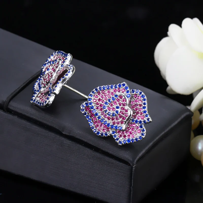 CWWZircons, 314 шт., кубический цирконий, Геометрическая роза, цветок, красный, синий камень, 925 пробы, серебро, женские серьги, ювелирное изделие, CZ232
