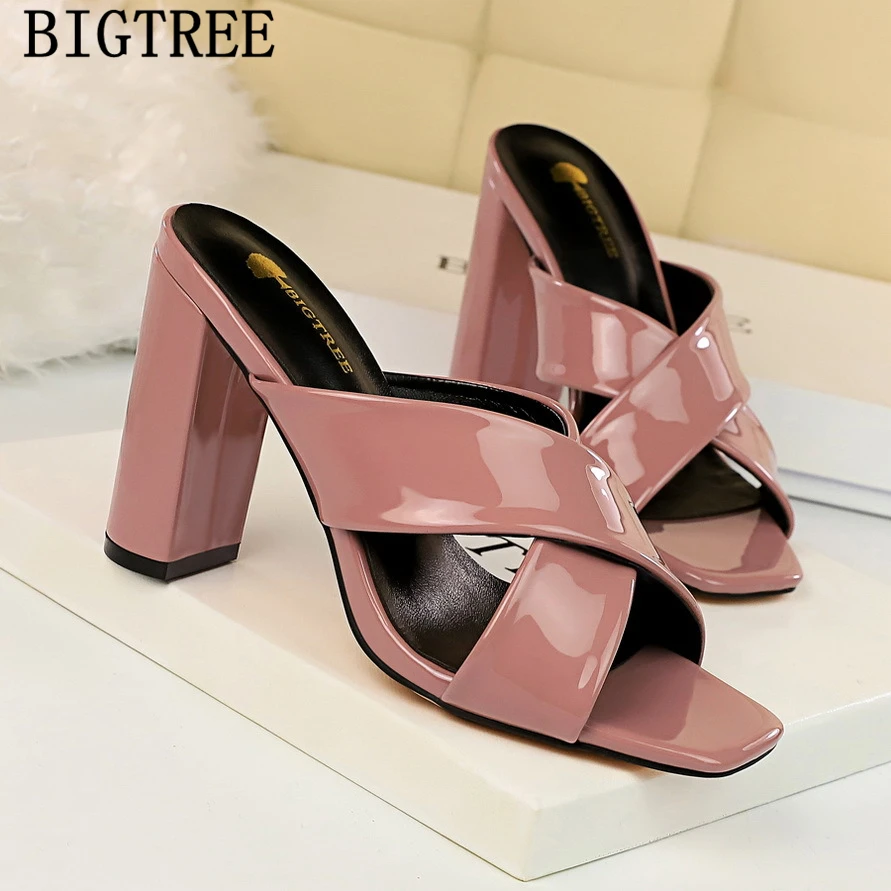 

bigtree shoes leather sandals women thick heels elegant shoes extreme high heel slippers block heel shoes designer slides modis