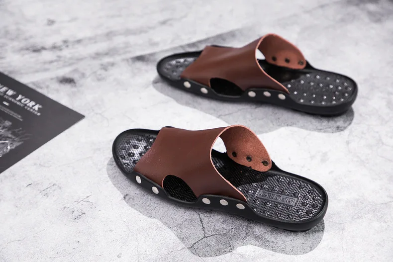 Mazefeng Summer Genuine Leather Slippers High Quality Men Sandals Rivet Beach Mens Slippers Platform Male Sandals Rubber Shoes