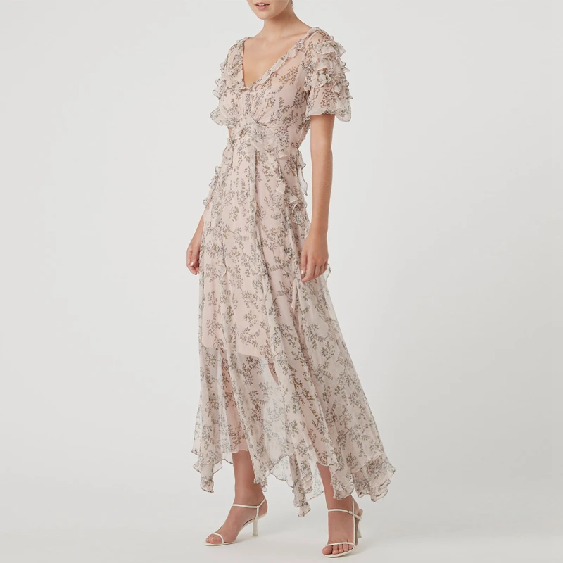 

2019 Summer Runway Dress Women Sexy V Neck Backless Floral Print Ruffles Maxi Dress Female Holiday Party Beach Long Dreses