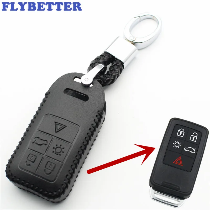 

FLYBETTER Genuine Leather KeyChain 5Button Keyless Entry Smart Key Case Cover For Volvo S60/S80/V60/XC60/XC70 Car Styling L210