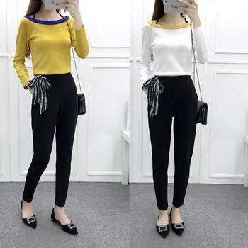 

A Women Knitwear Top & Black Pants 2 Pcs Clothing Set Knitting Sweater 2017 Autumn Bowknot Bind Bow Trousers Fashion Suits SML